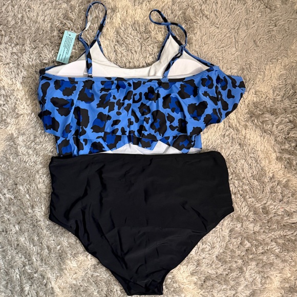 NWT Adisputent Blue Leopard Print Ruffle Top Bikini Set Size XXL - Picture 2 of 4